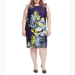 GABBY SKYE Exotic Leaf Print Navy Blue Bodycon Dress In Women’s Size 12
